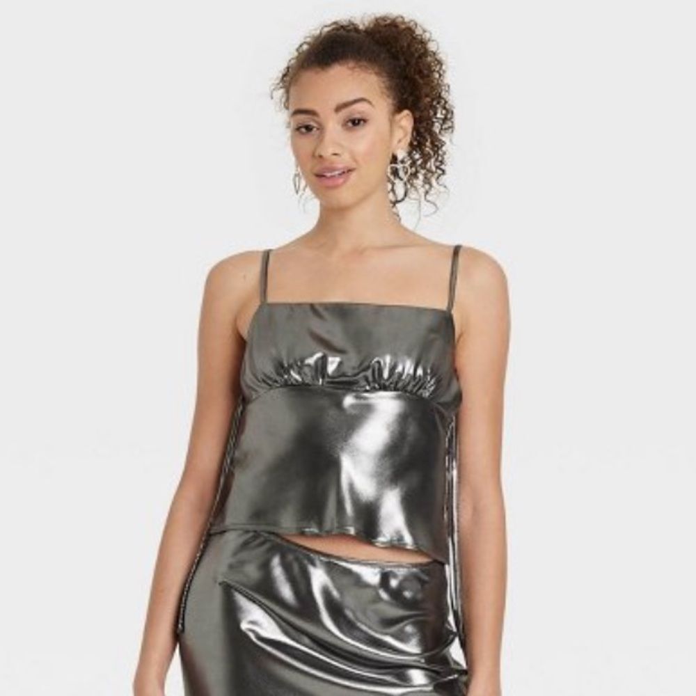 NWT Wild Fable XXS Silver Tart Shiny Cropped Tank Top Metallic